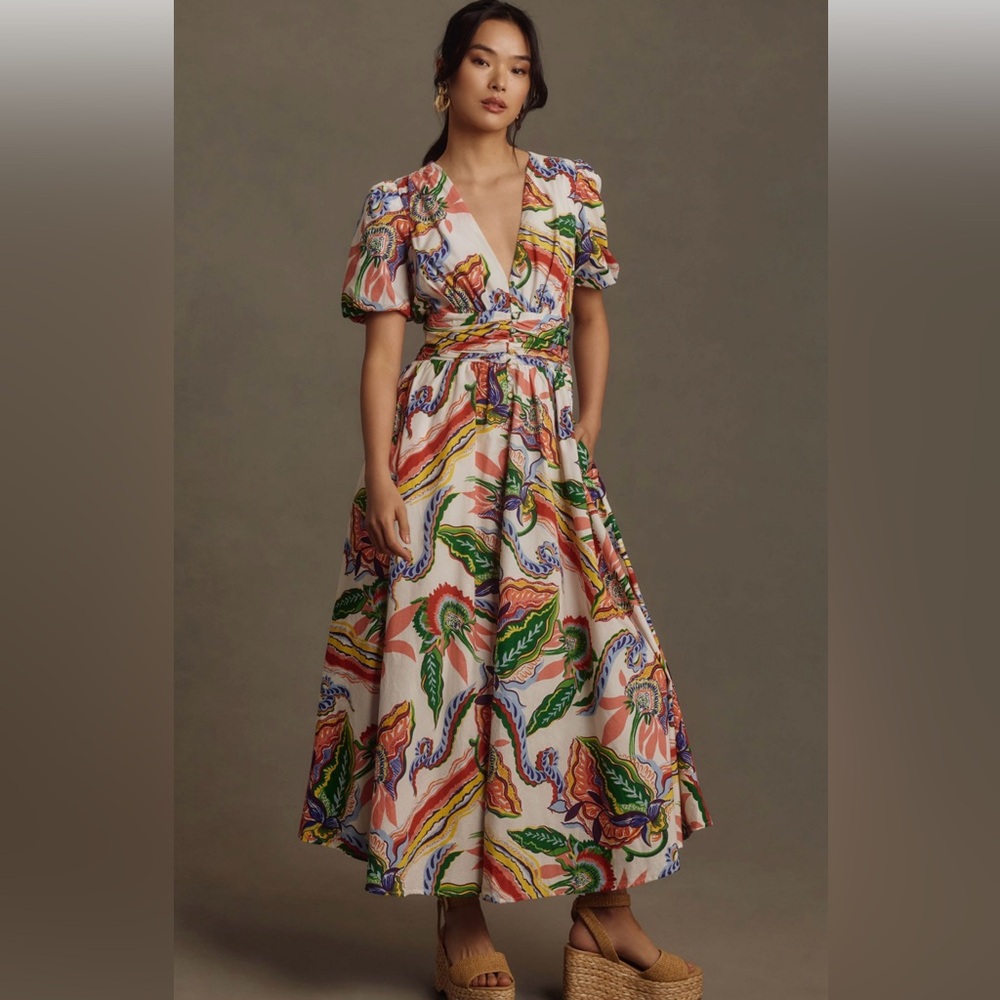 Anthropologie Vibrant Floral Maxi Dress, The Katerina Button-Front Dress, Cream